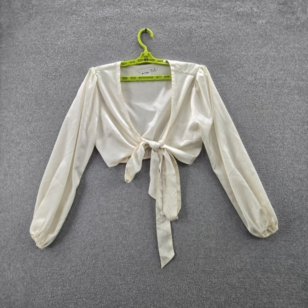 Abercrombie & Fitch Women Blouse M Ivory Tie V-Neck Long Sleeve